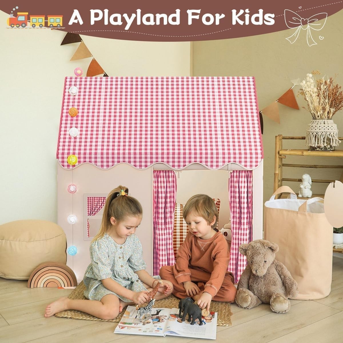 Pink Kids Play Tent with Star Lights Indoor Outdoor Princess Teepee