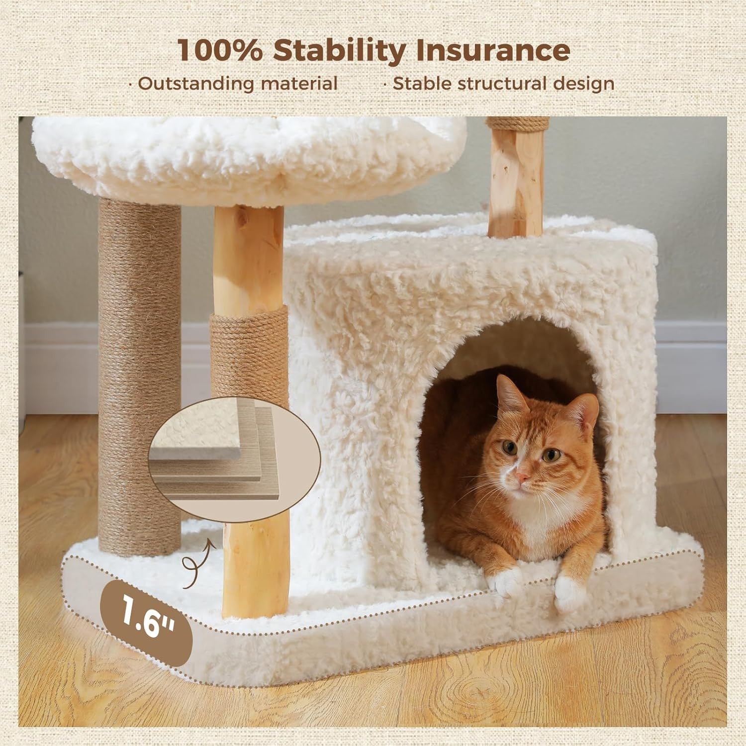 Cat Tree Tower 120cm Solid Wood Rattan Basket Condo Modern Indoor Cats