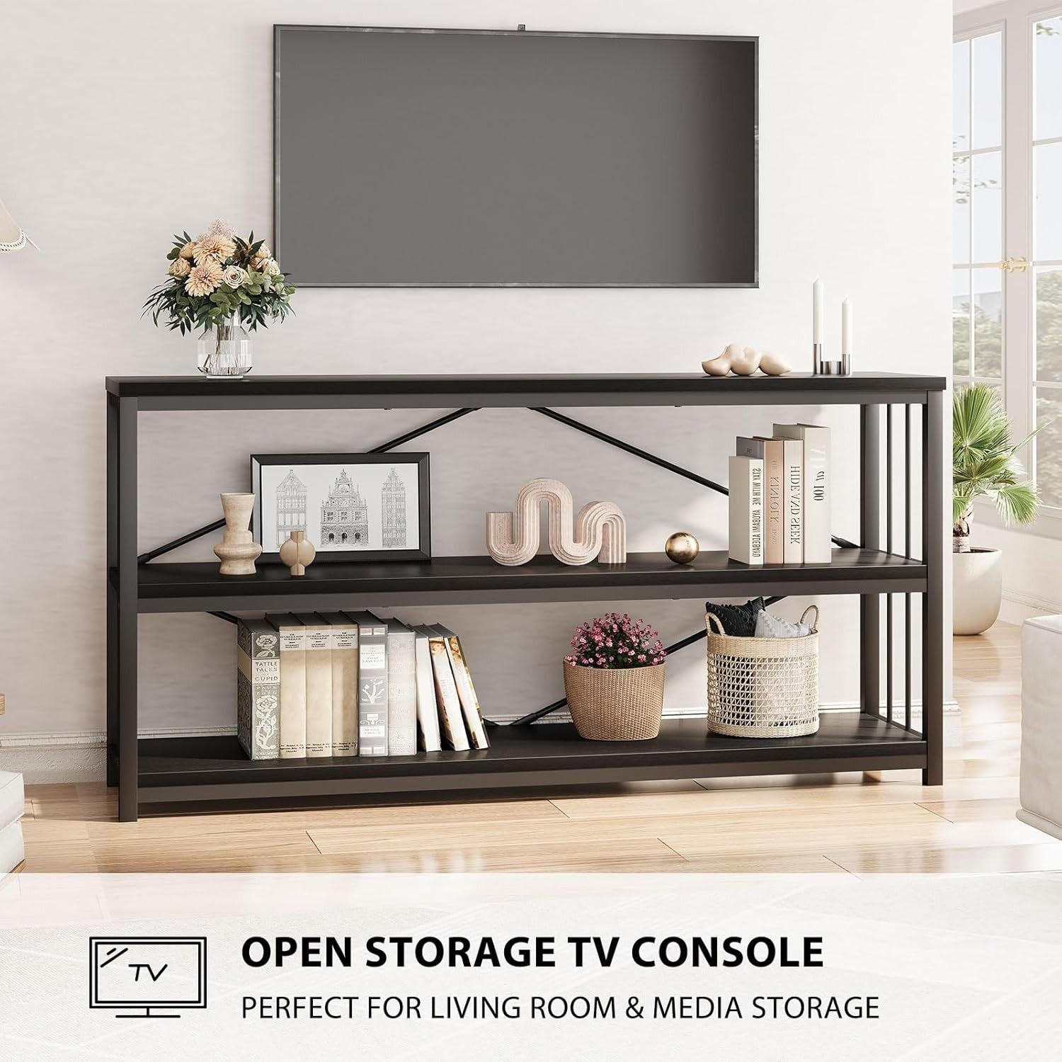 Modern Industrial Black Oak Console Table 160x34x74 cm Storage Shelf