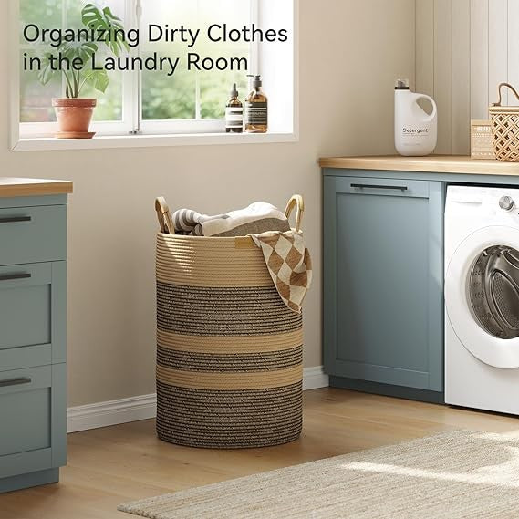 95L Large Foldable Laundry Basket with Leather Handles, Woven Dark Brown Striped