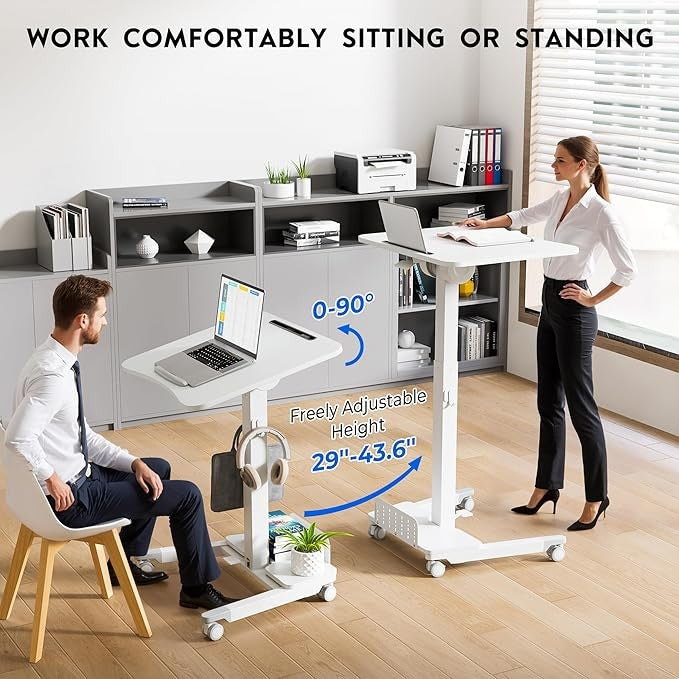 Mobile Standing Desk Adjustable Height Rolling Laptop Table 60x52cm White