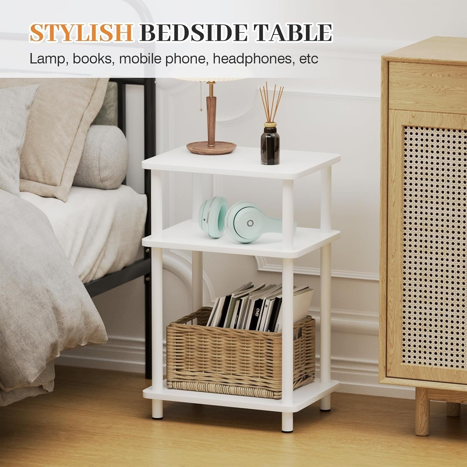White 3-Tier Slim Side Table with Storage Shelf – Bedside End Table