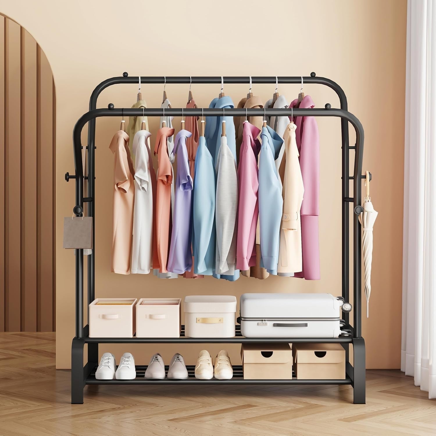 Heavy Duty Double Clothes Rail with Shelf & Hooks – Black