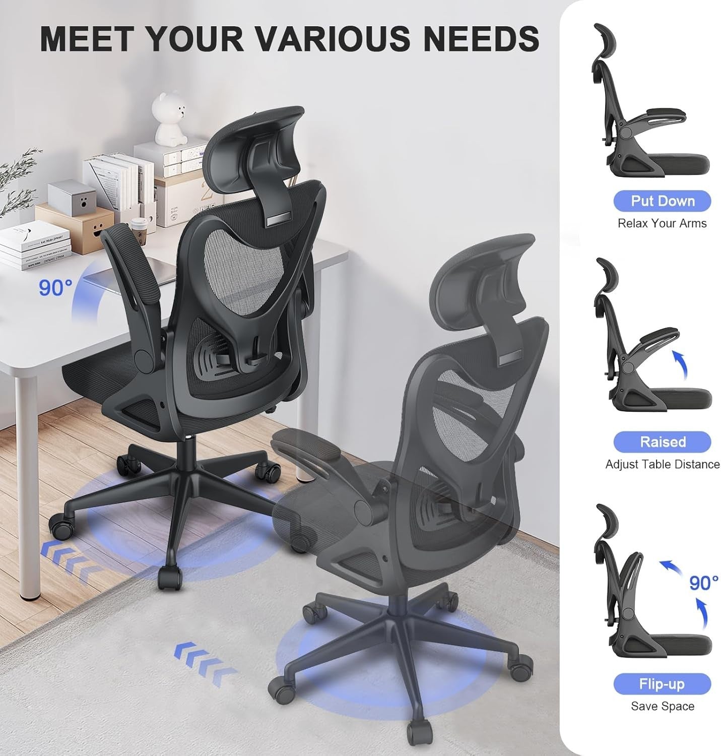 Ergonomic Office Chair High Back Mesh Flip Up Armrest Lumbar Support Black