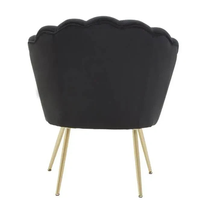 Black Velvet Shell Chair – Scalloped Accent Seat with Gold Metal Legs
