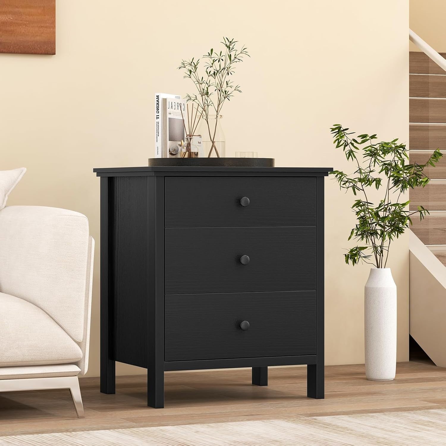 Modern Black 3 Drawer Bedside Table | Wooden Nightstand with Storage Drawers