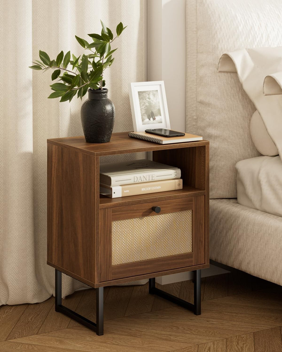 Modern Rattan Bedside Table with Drawer Walnut Wood Nightstand Farmhouse Style