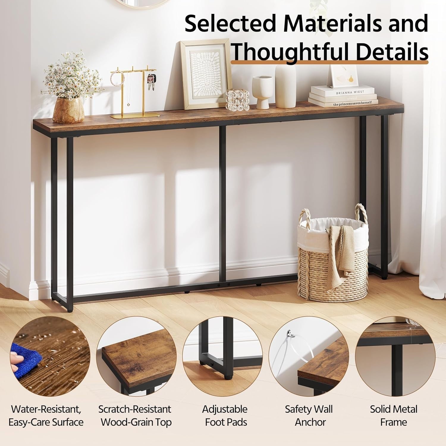 Slim Industrial Console Table 180cm with Wall Anchors & Scratch-Resistant