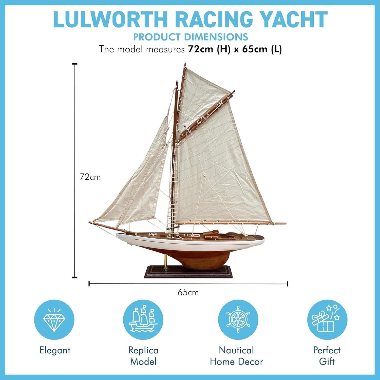 Lulworth Wooden Yacht Model 72cm | Fully Rigged Sailboat Decor | Classic