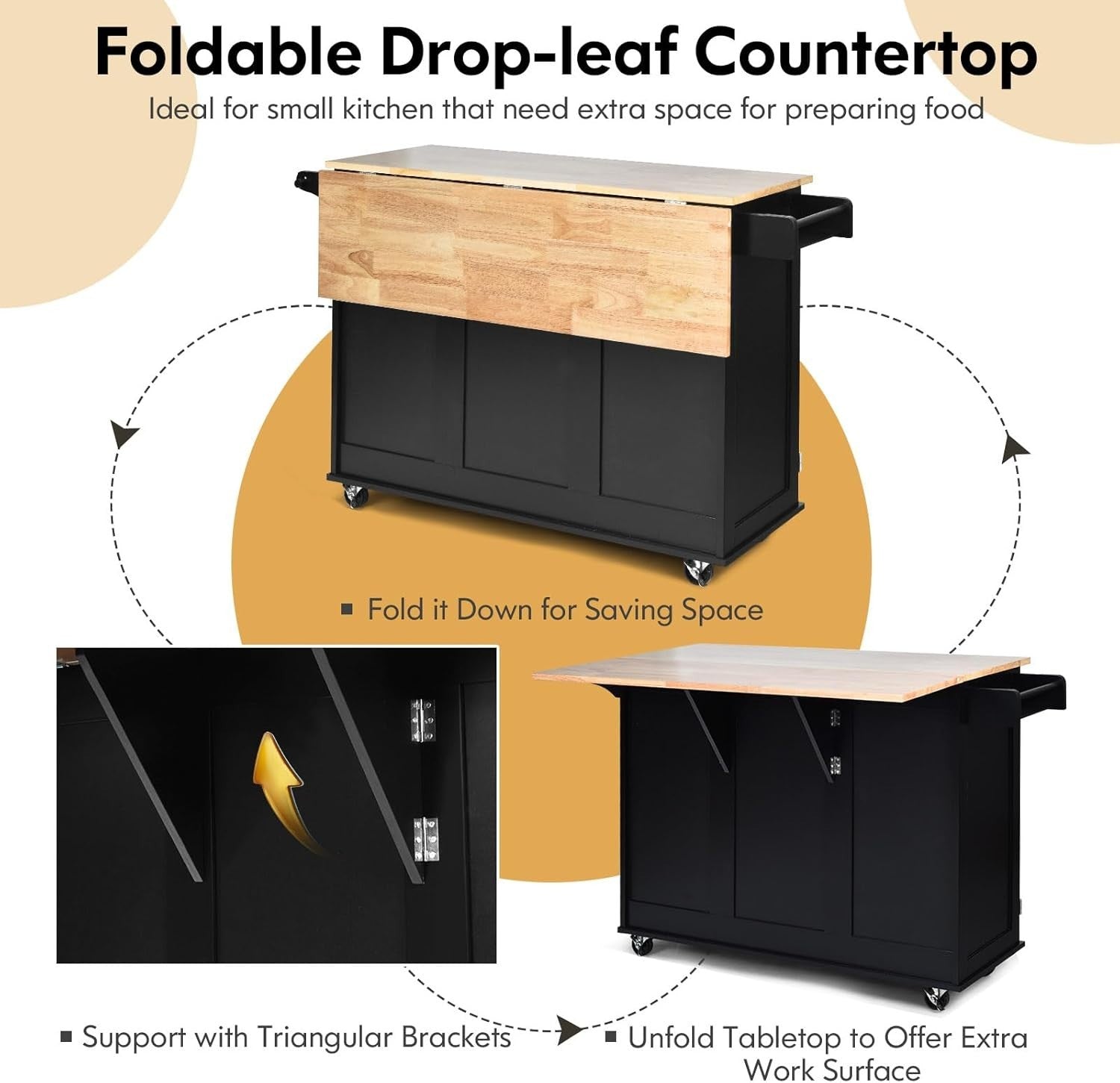 136x76x91cm Black Kitchen Island Cart Drop Leaf