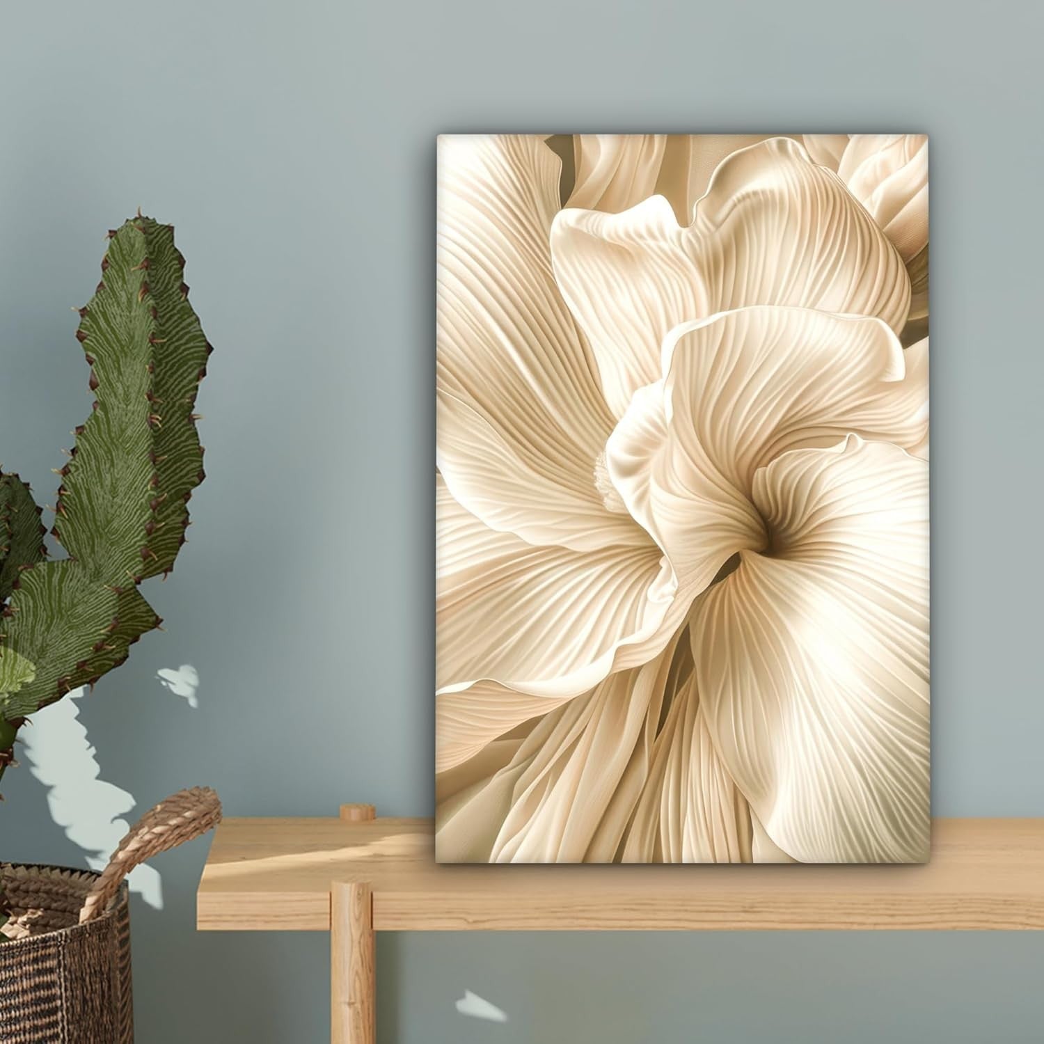 Beige Floral Canvas Wall Art 20x30cm Framed Modern Flower Print