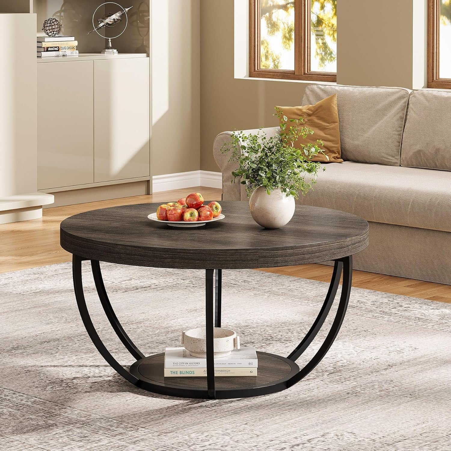 Round 2-Tier Coffee Table with Storage, Grey Wood Grain, 80.5x44cm