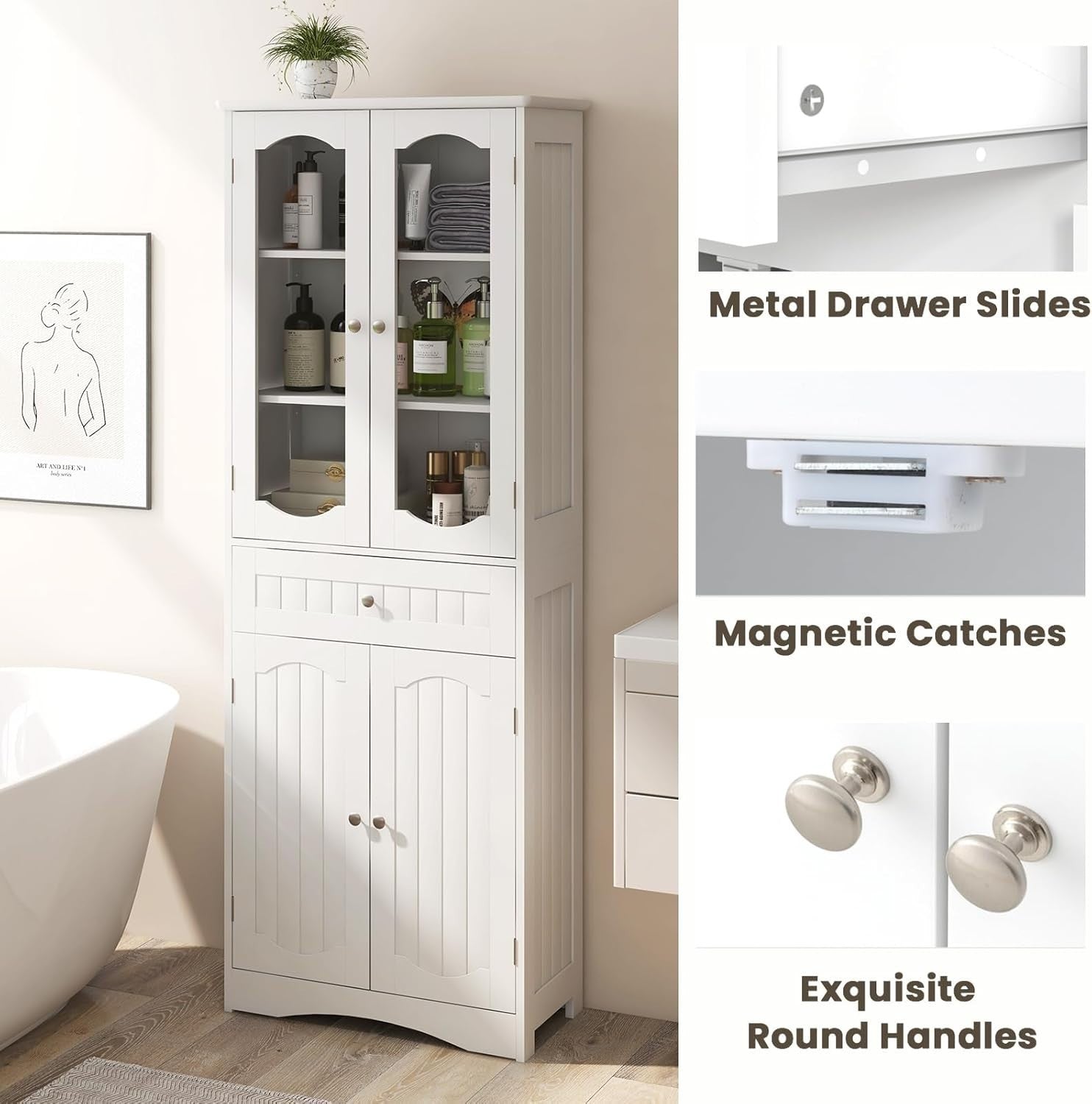 Tall Bathroom Cabinet White Freestanding Storage Cupboard 4-Door Drawer