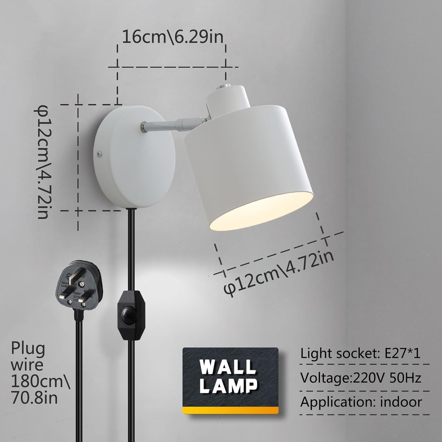 Dimmable Plug-in Wall Sconce Light, 360° Rotatable, Modern Metal Lamp
