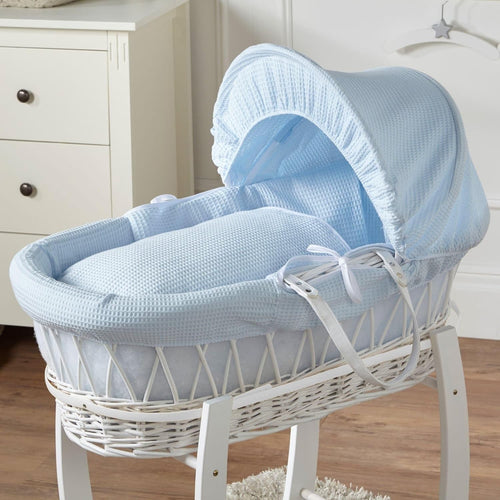 Blue Waffle Wicker Moses Basket Bassinet with Mattress Baby Bed Crib Sleeper