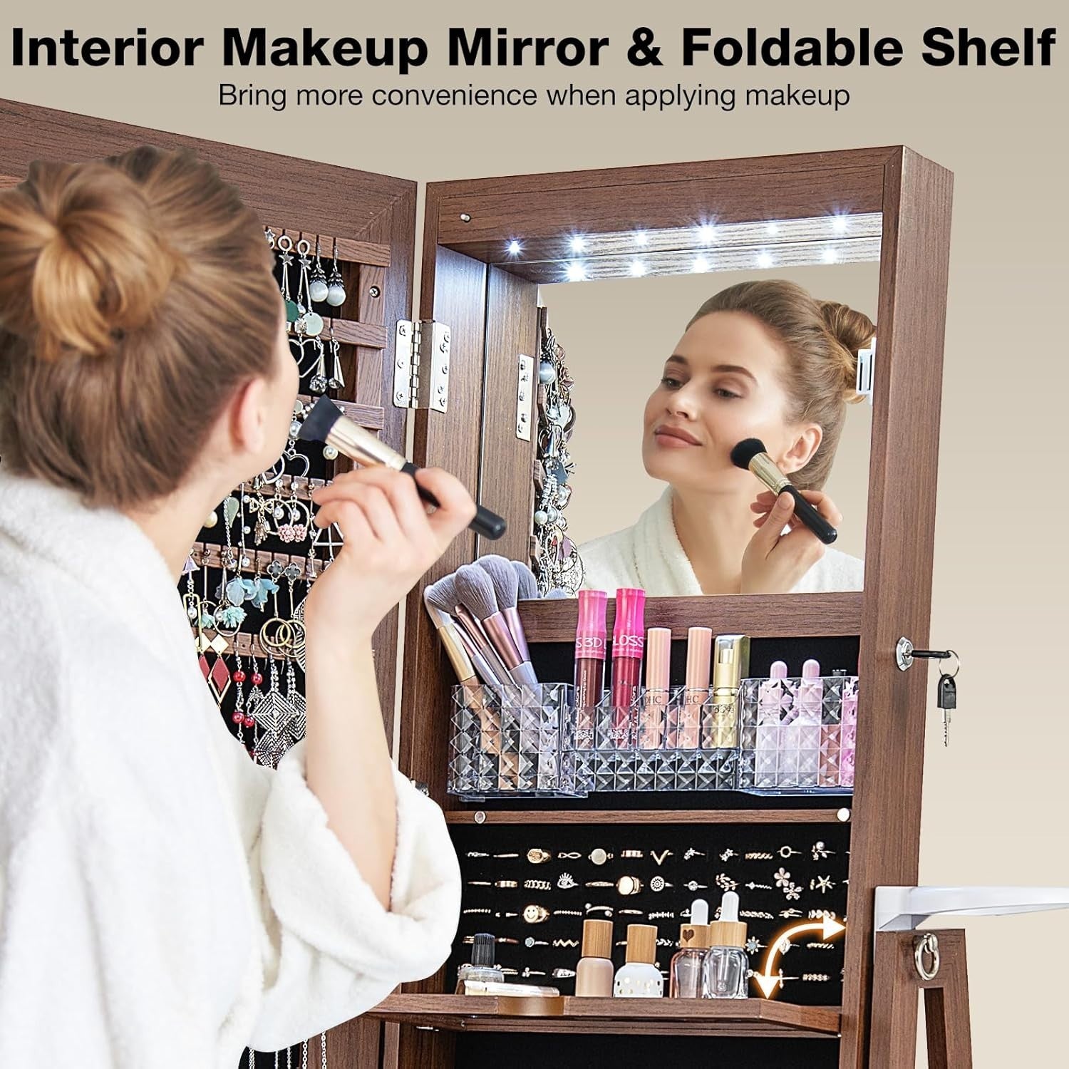 Walnut 360° Swivel LED Jewelry Cabinet Mirror Lockable Storage Organizer