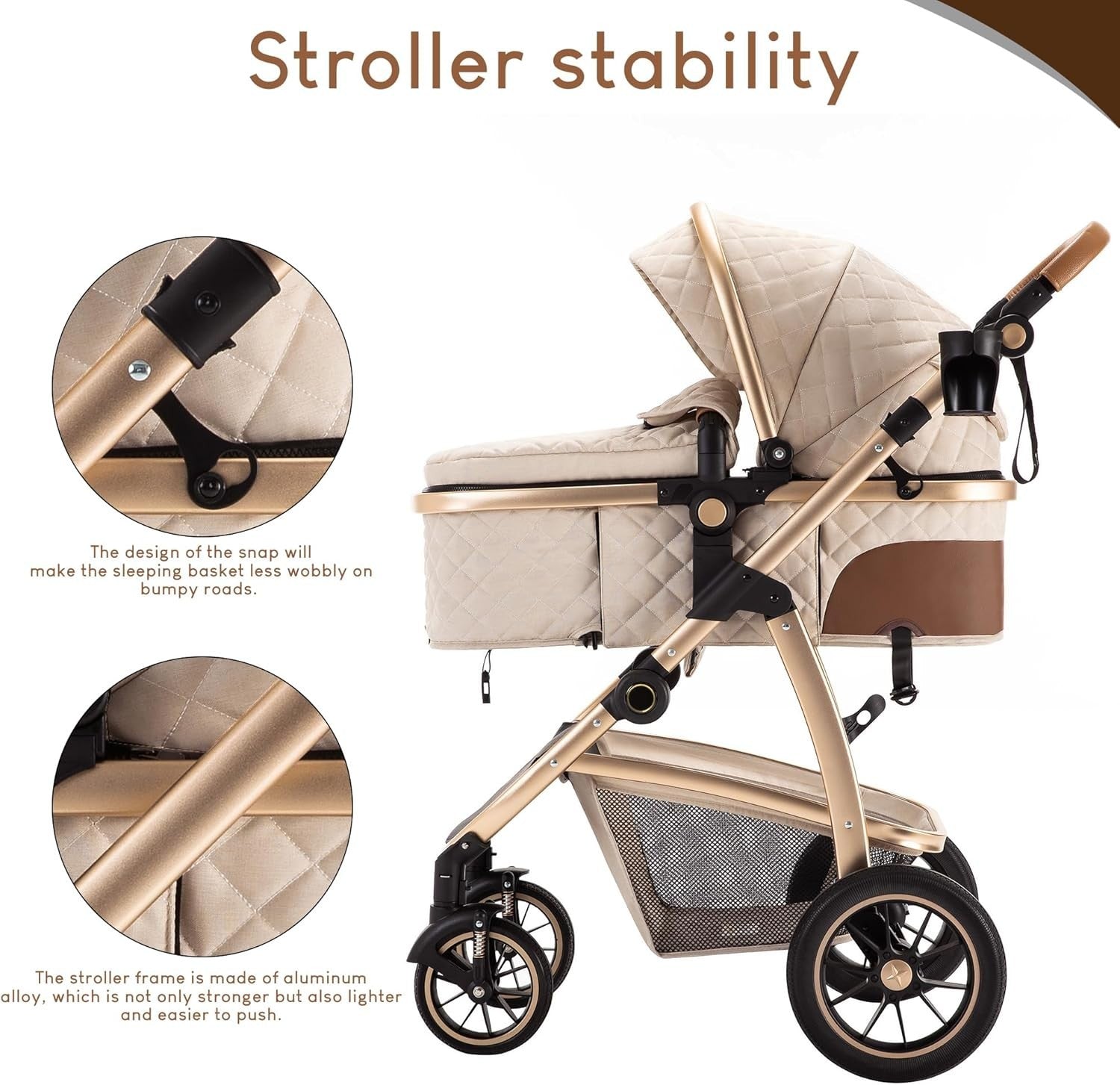 3 in 1 Baby Stroller Travel System Car Seat Pram Adjustable Handle Beige