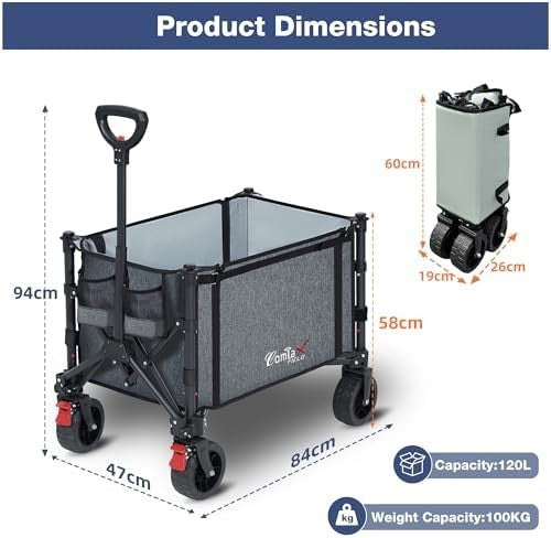 120L Folding Camping Trolley Wagon 100KG Heavy Duty Cart Grey