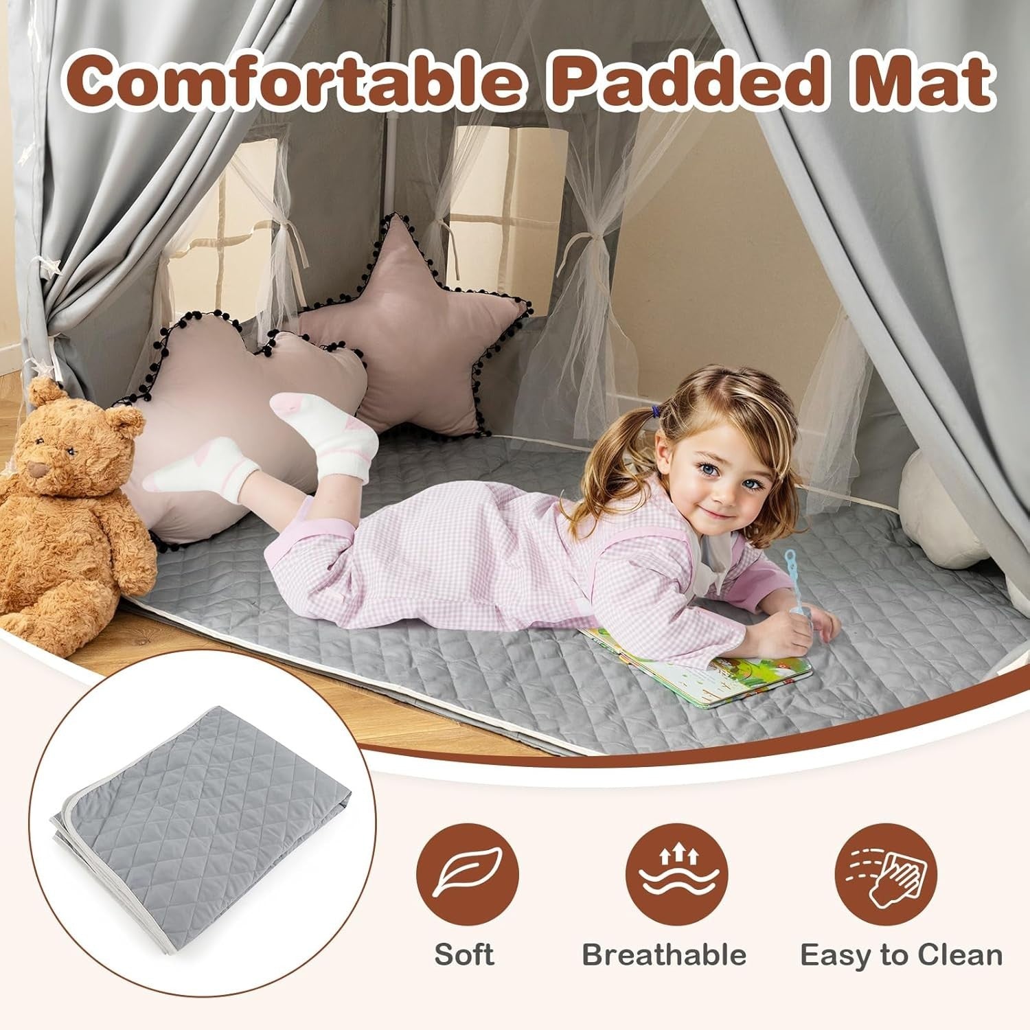 Kids Play Tent Castle Indoor w/ Star Lights Mat Windows Boys Girls Gift