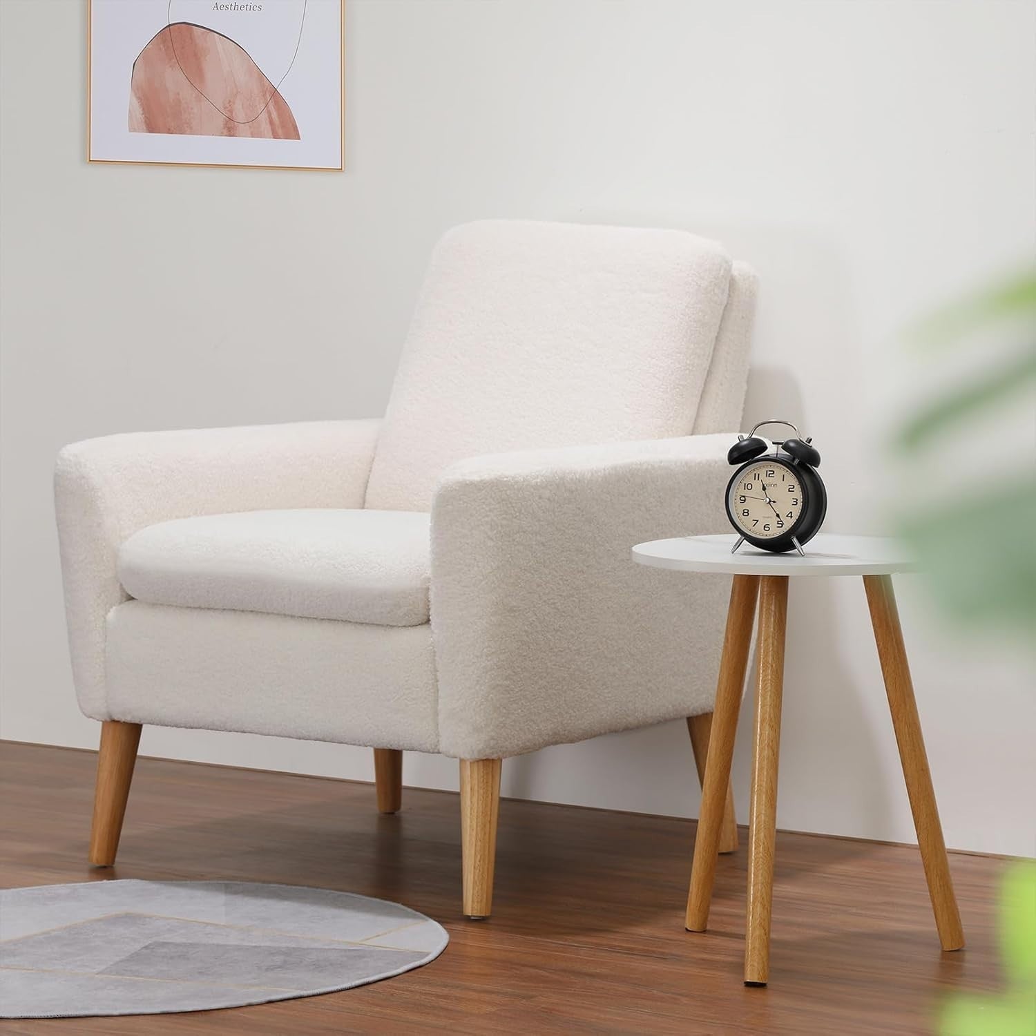 White Lounge Armchair Upholstered with Wood Legs for Living Room Bedroom