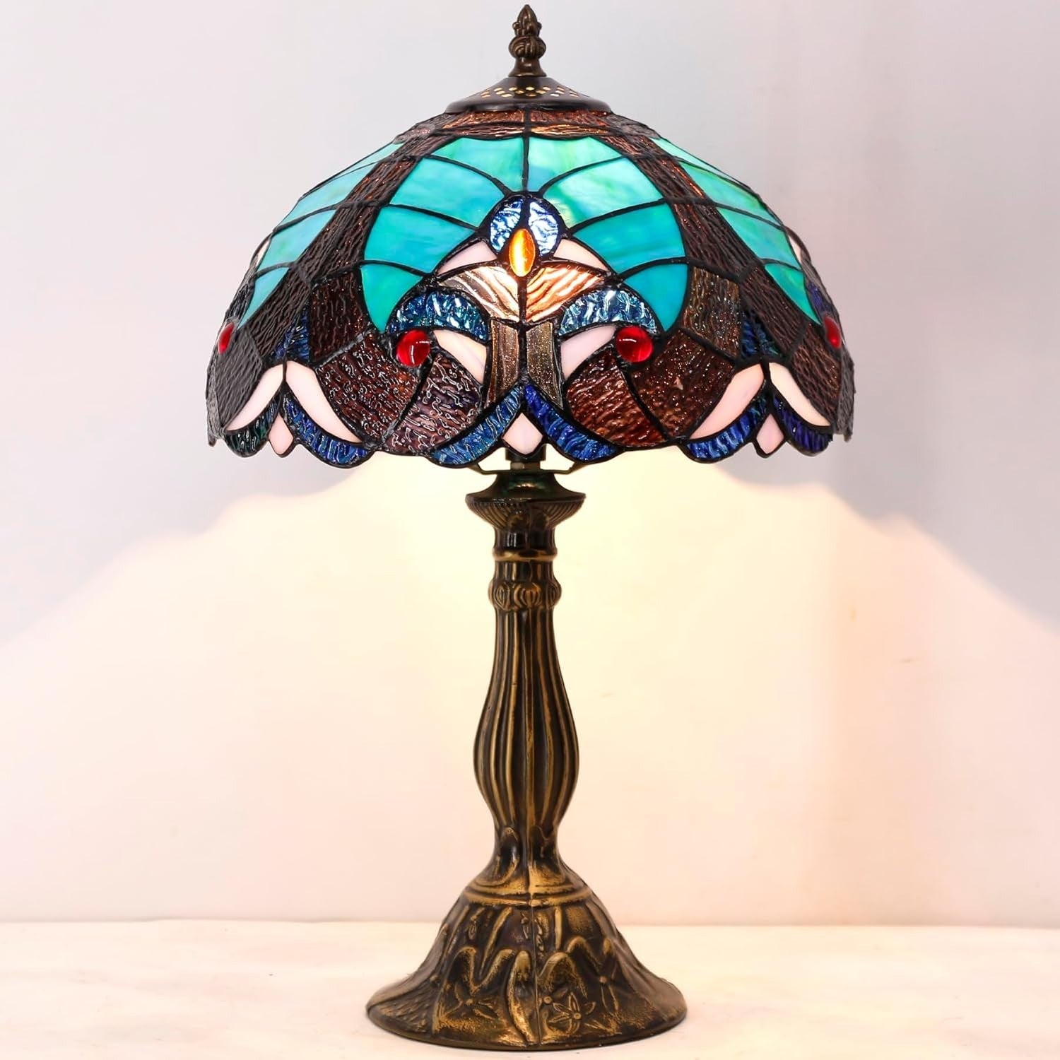 Tiffany Table Lamp 12x12x18in Stained Glass Bronze Base Bedside Decor