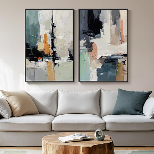 Framed Blue Gray Abstract Wall Art Set of 2 24x36 Modern Canvas Prints