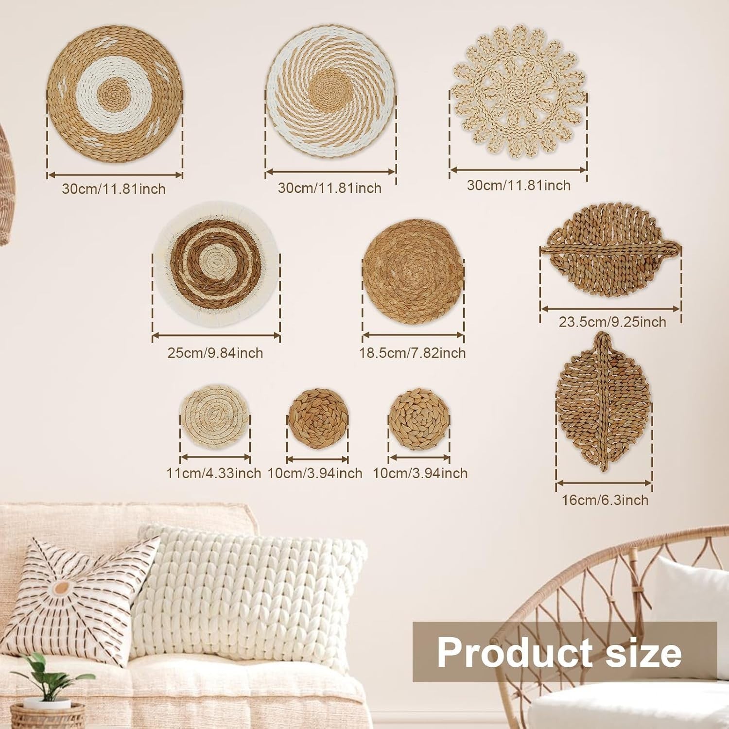 10PCS Boho Woven Wall Baskets Handmade Rattan Decor Round Set