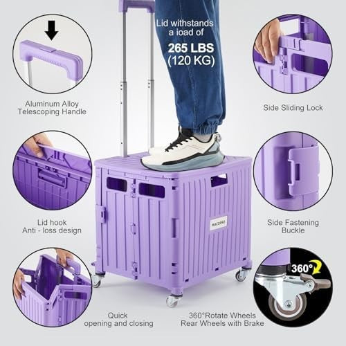 Folding Utility Cart Rolling Crate Trolley Lid Basket 360° Wheels Purple