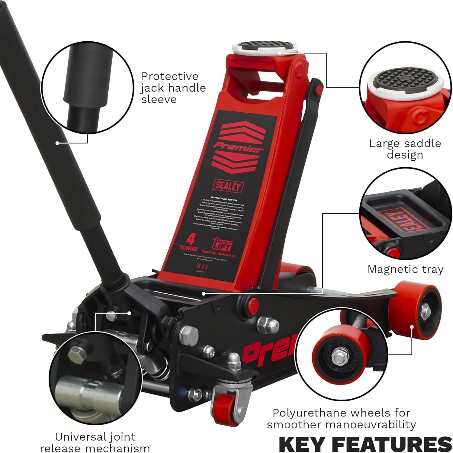 4 Ton Low Profile Hydraulic Trolley Jack 100–533mm Rocket Lift Heavy Duty Red