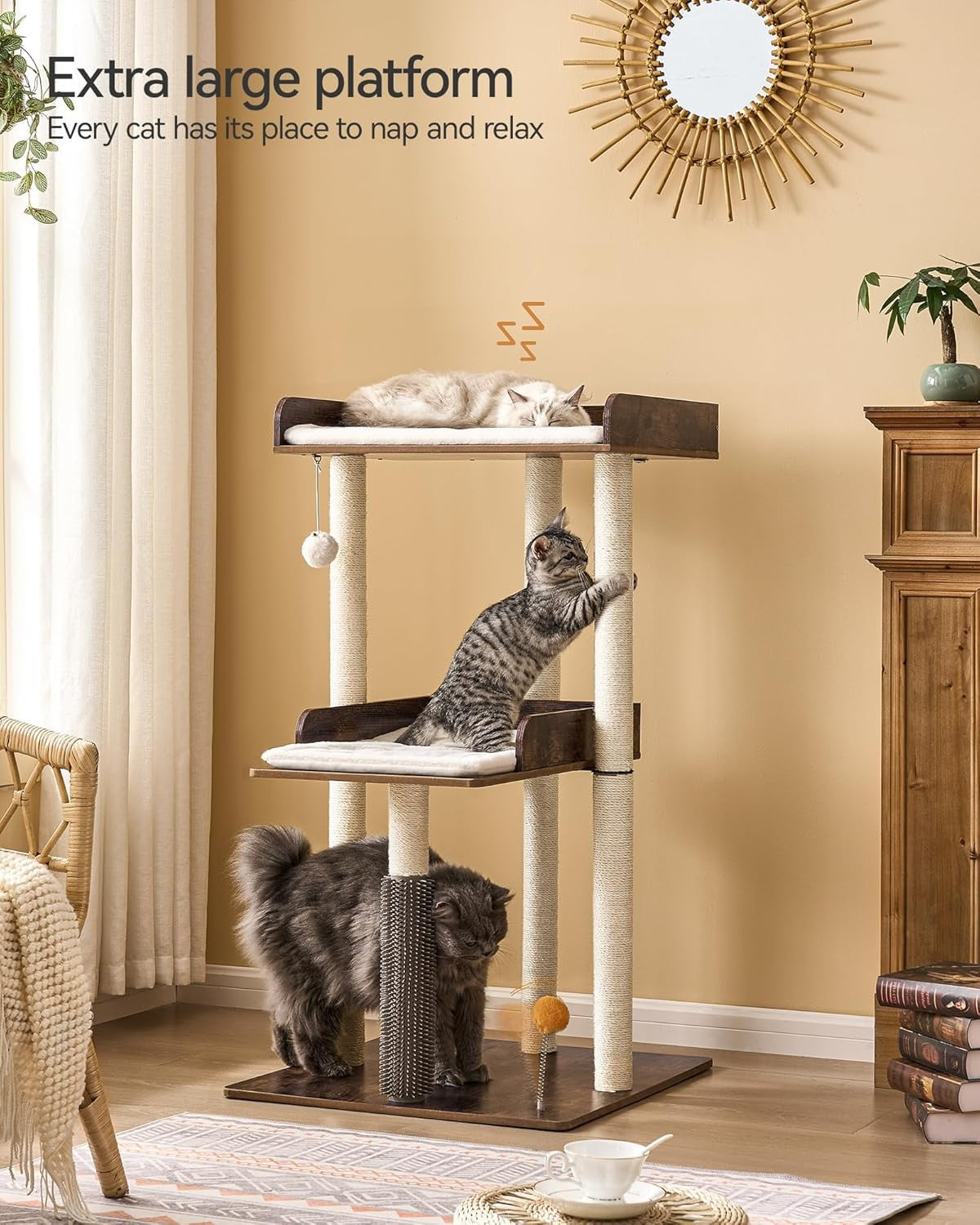 Large Wooden Cat Tree Rustic Brown Tower 3 Level Perch Scratching Post