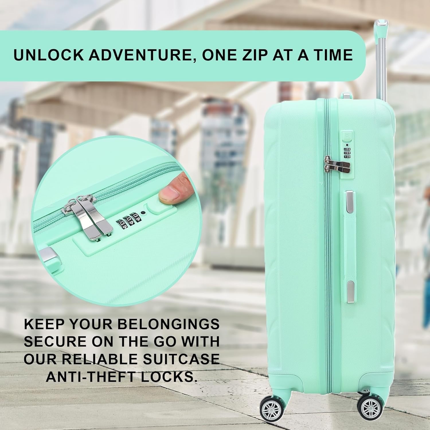 20 Inch Cabin Suitcase Hard Shell PC ABS 4 Dual Spinner Wheels Lock Green