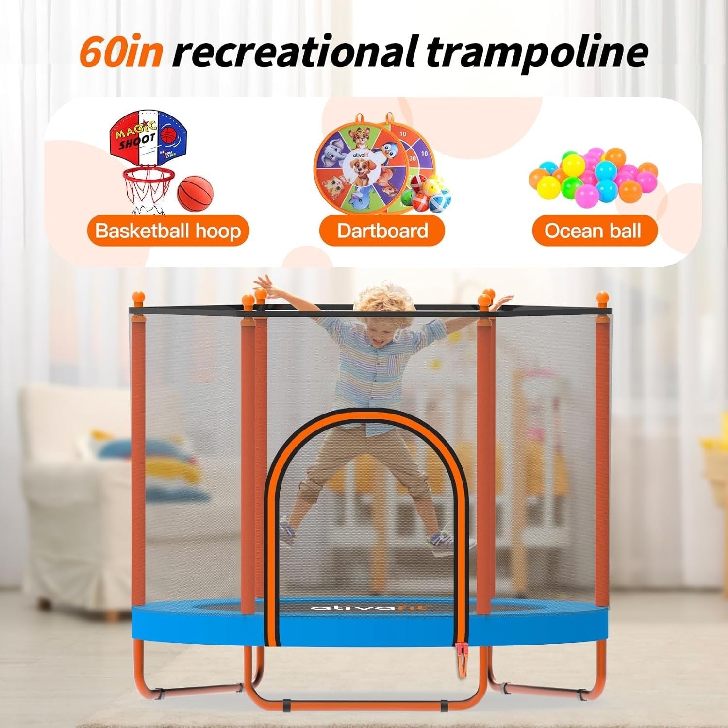 60” Kids Trampoline Indoor Outdoor w Safety Net Springs Toys Ages 1–8