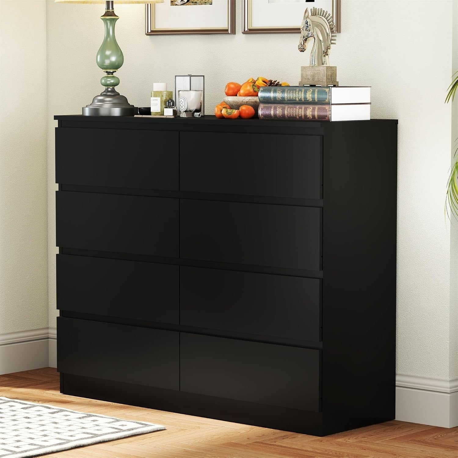 Black 8 Drawer Wide Chest Storage Unit No Handle Modern Bedroom Dresser