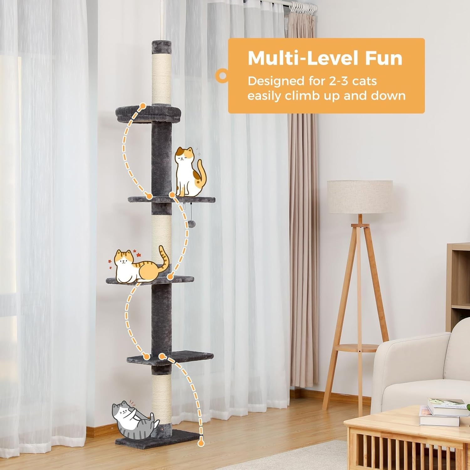 Floor to Ceiling Cat Tree Tower Adjustable 243–273cm 5 Tier Scratching