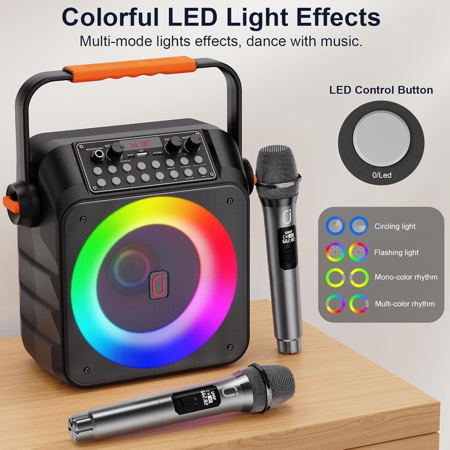 Karaoke Machine 2 Wireless Mics Bluetooth 5.3 Speaker 40W LED