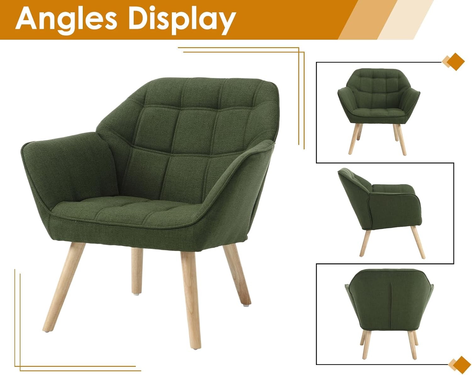 Green Linen Accent Armchair Wooden Legs Modern Lounge Chair