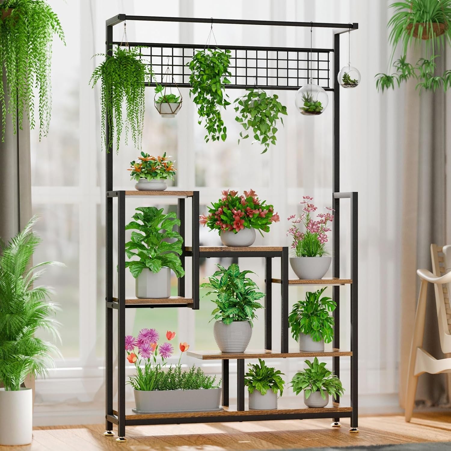 6 Tier Tall Metal Plant Stand with Grow Lights Indoor Outdoor Flower Shelf