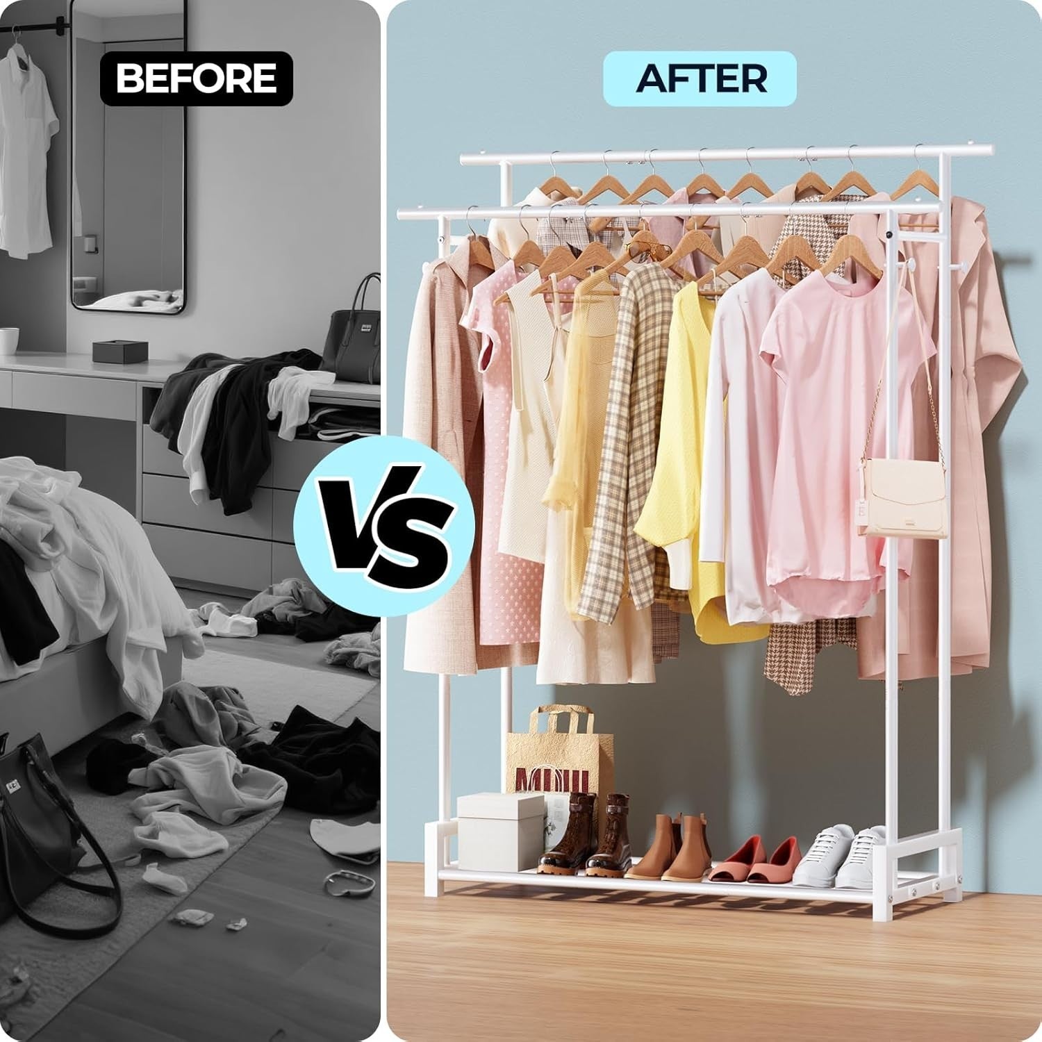 Double Clothes Rail with Shelf & Hooks – White 150cm