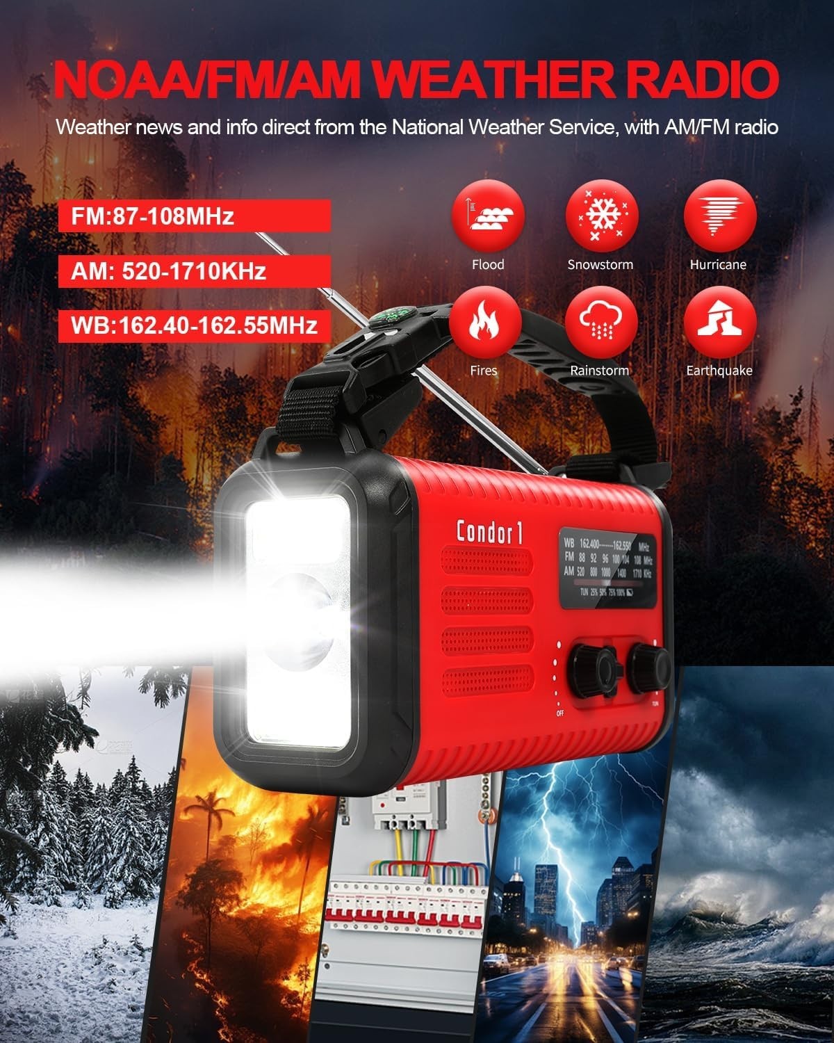 Wind Up Red Solar Emergency Radio with 20000mAh Battery, AM/FM & Flashlight
