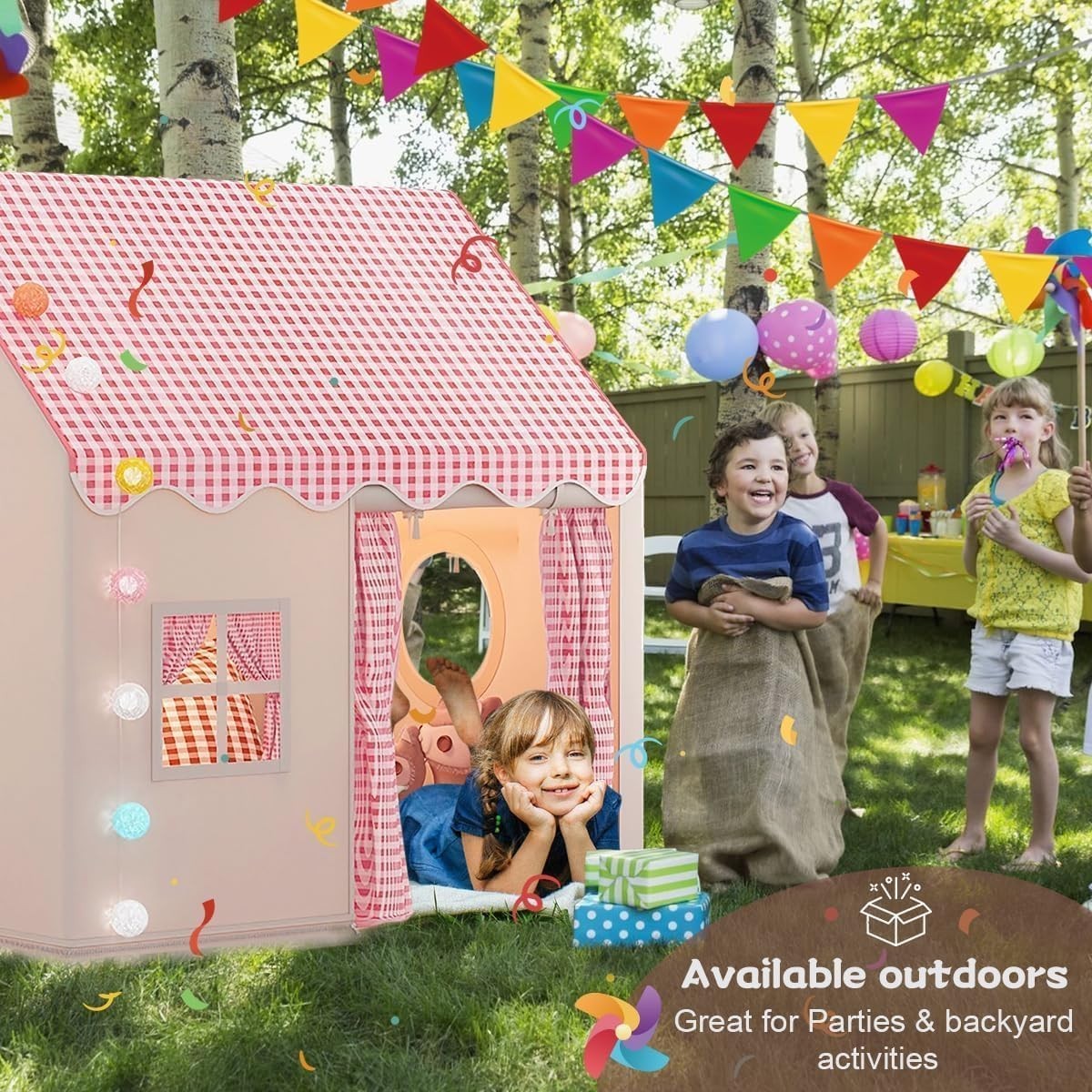 Pink Kids Play Tent with Star Lights Indoor Outdoor Princess Teepee