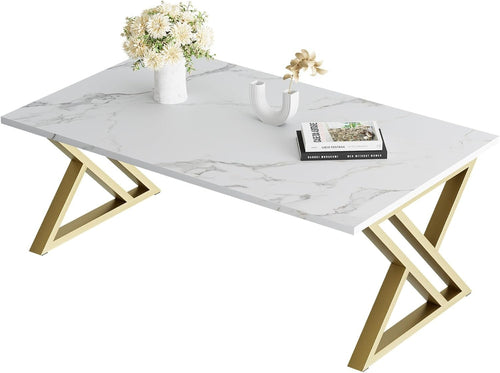 Modern White Gold Coffee Table Rectangular Living Room Table Open Storage