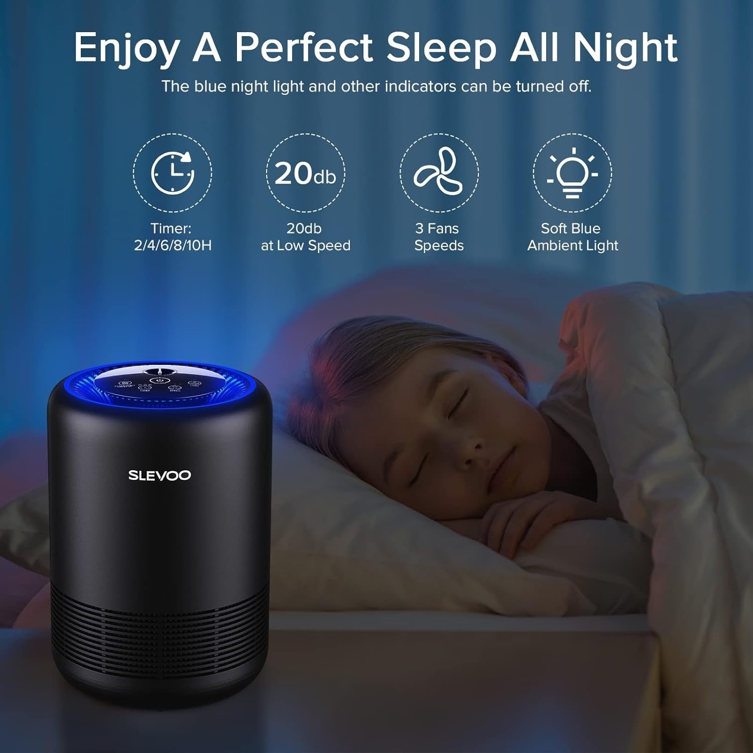 H13 HEPA Air Purifier Bedroom Pets Smoke Odour Night Light Timer