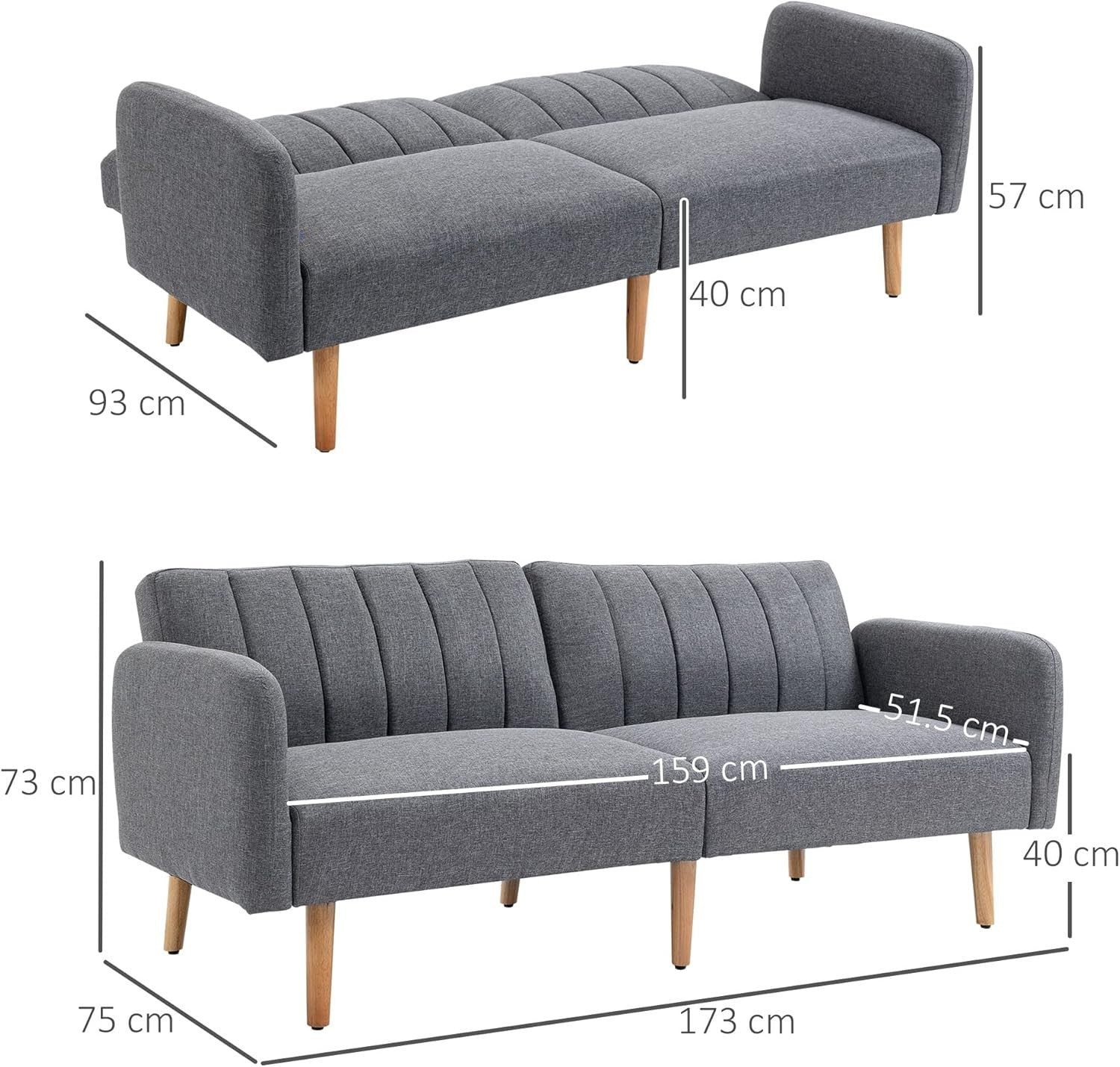 2-Seater Click Clack Sofa Bed Grey Linen Split Back Guest Couch Small Room