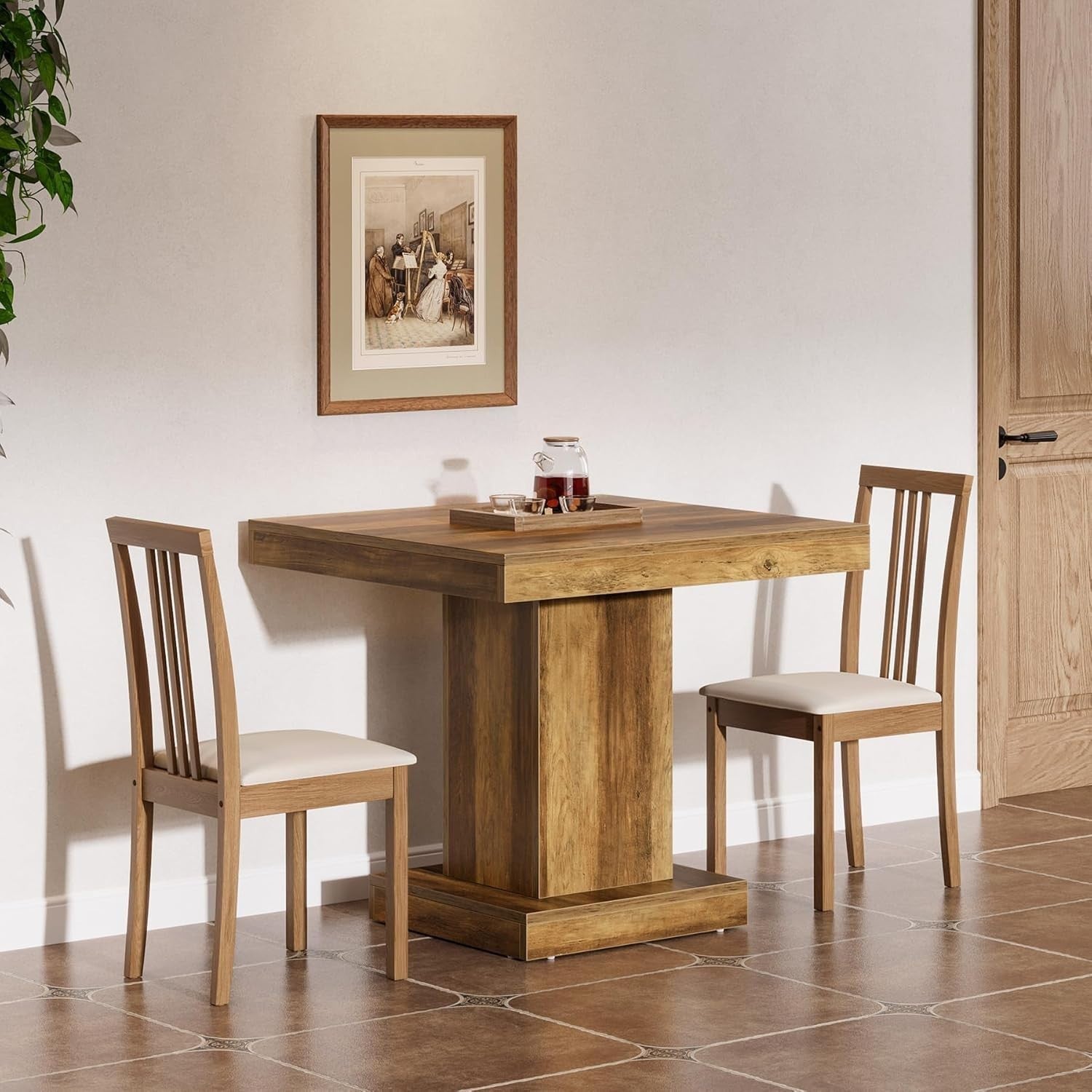Rustic Square Dining Table 4 Seater Pedestal Base Small Space Home