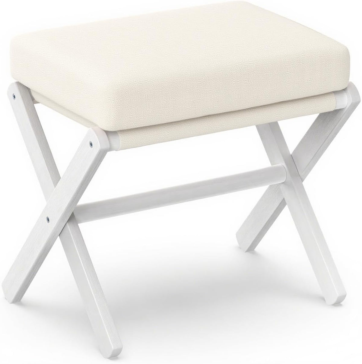 White Bamboo Foldable Footstool with Thick Cushion & X-Leg Design