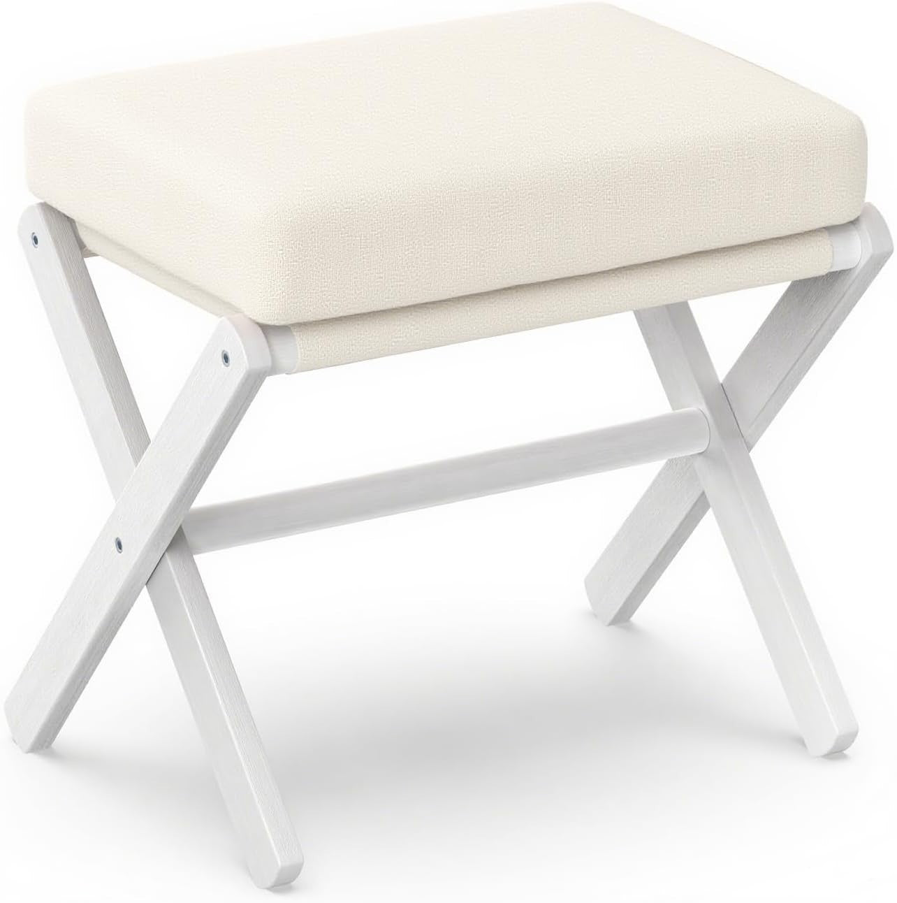 White Bamboo Foldable Footstool with Thick Cushion & X-Leg Design