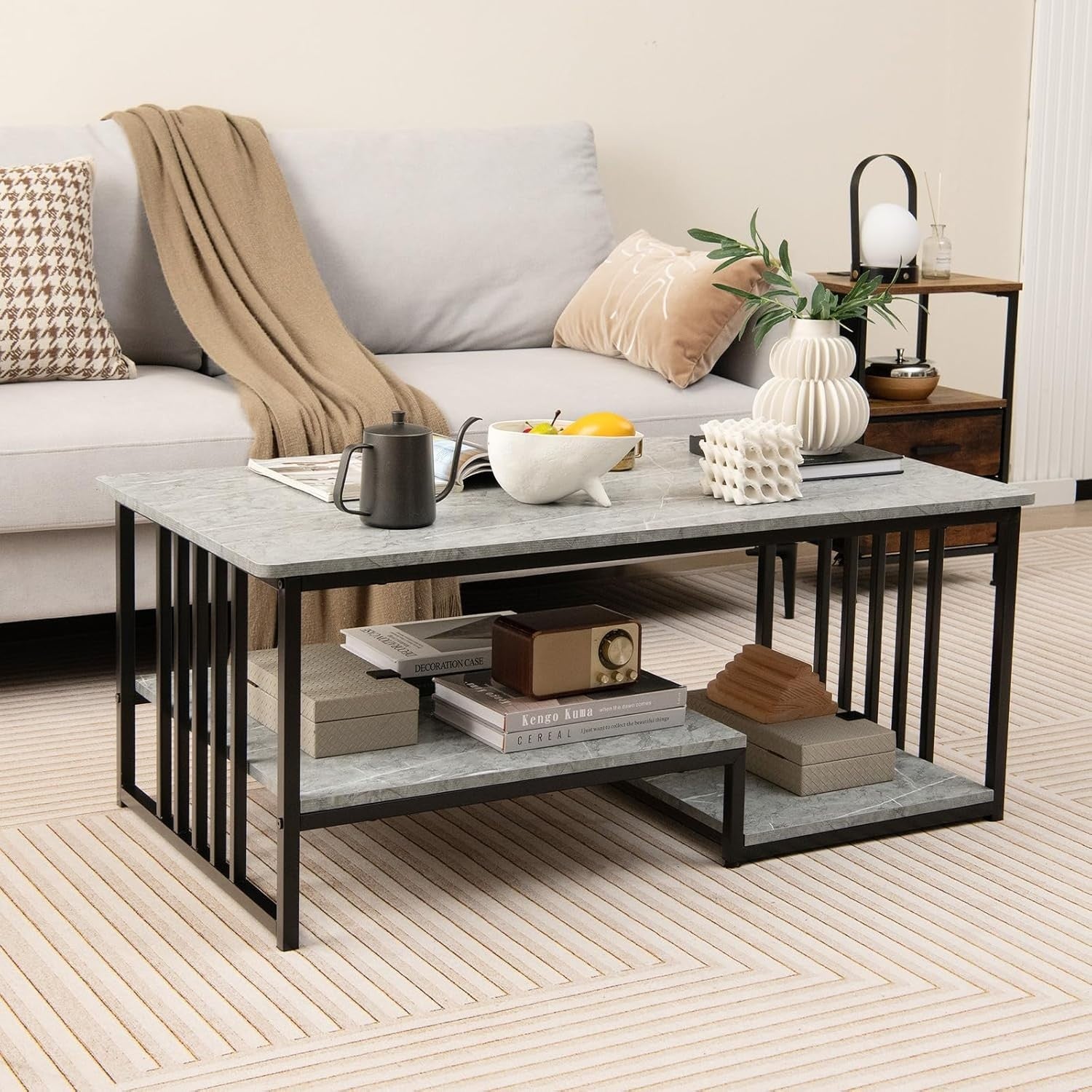 Modern Faux Marble Coffee Table 2-Tier Storage Shelf Rectangular Living Room