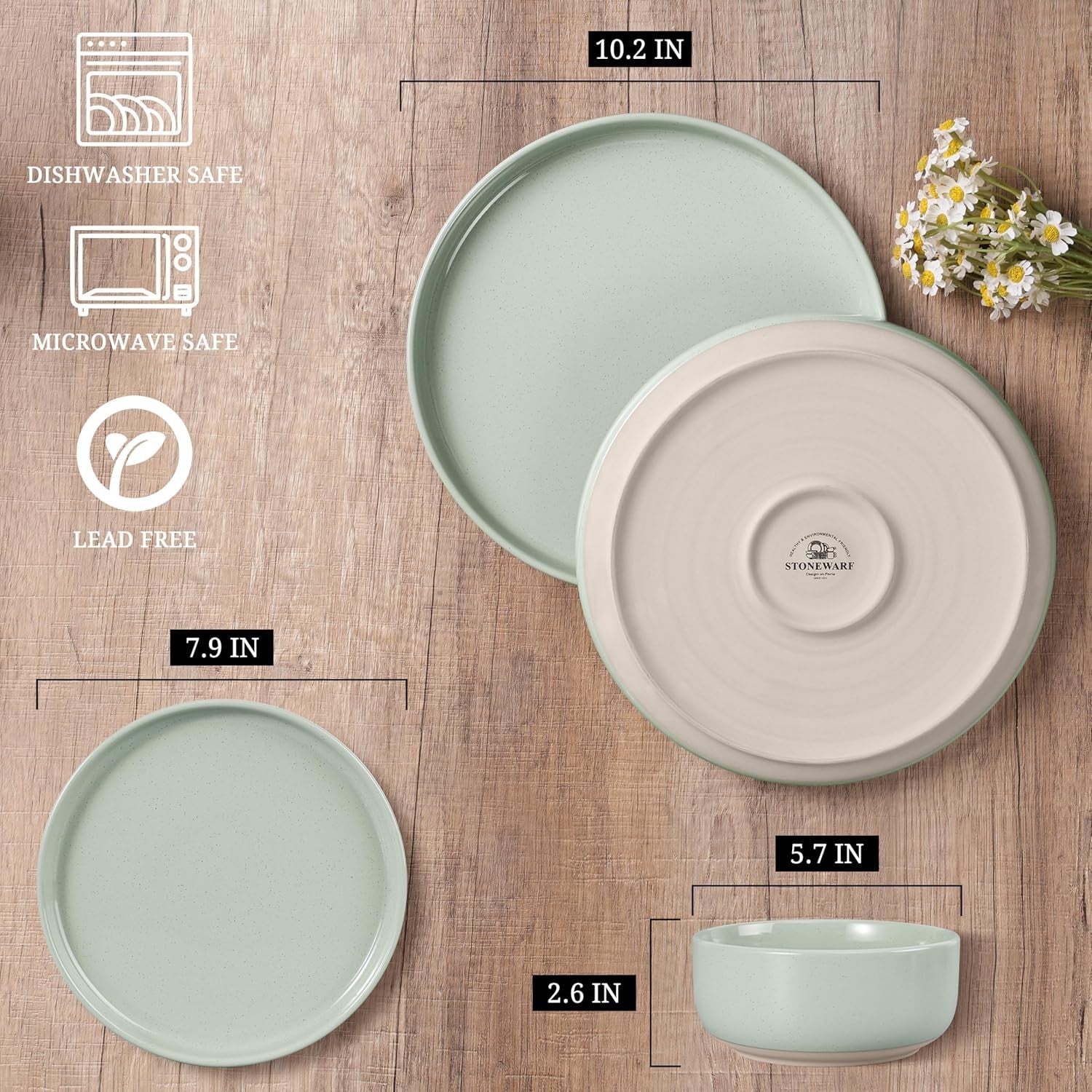 18pc Stoneware Dinnerware Set Plates Bowls Green Service for 6
