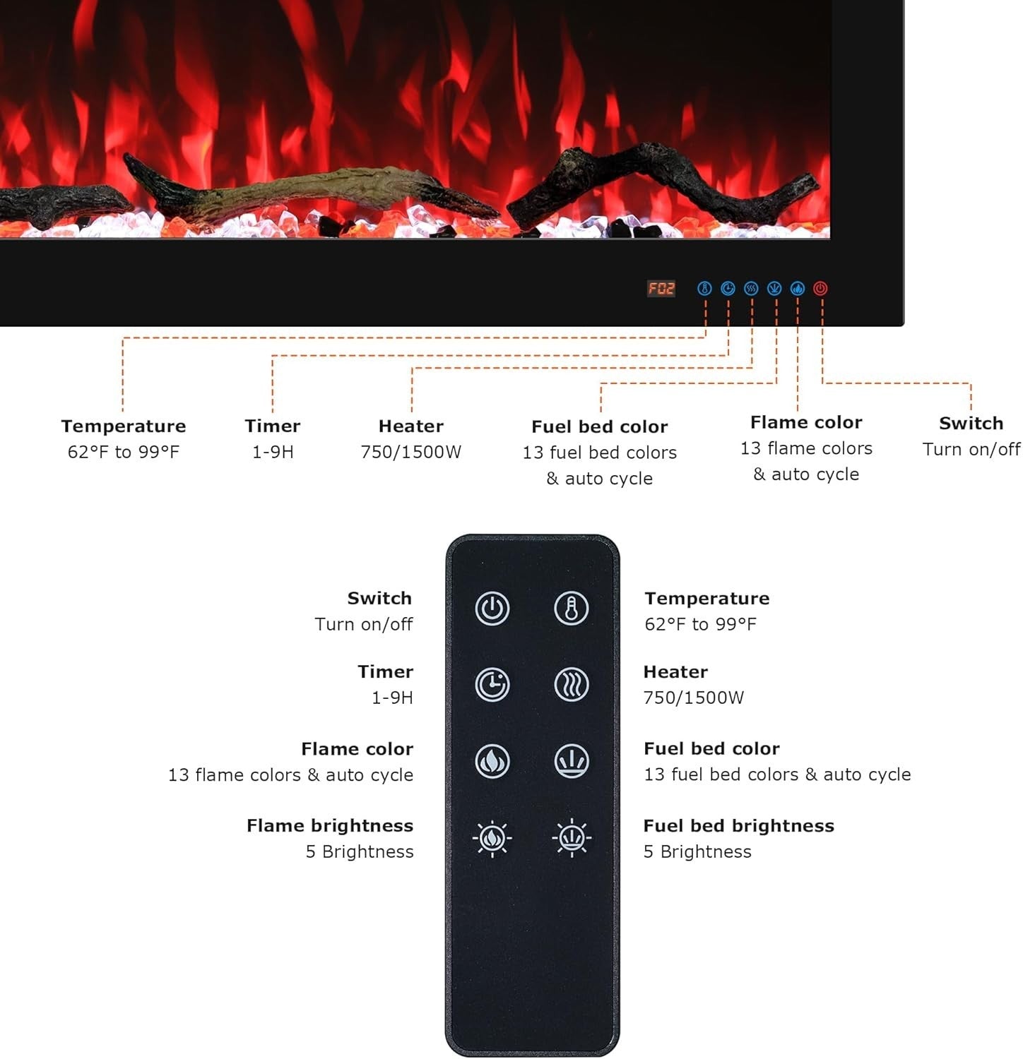 60" Smart Electric Wall Mount Fireplace LED Heater Remote Control Flames