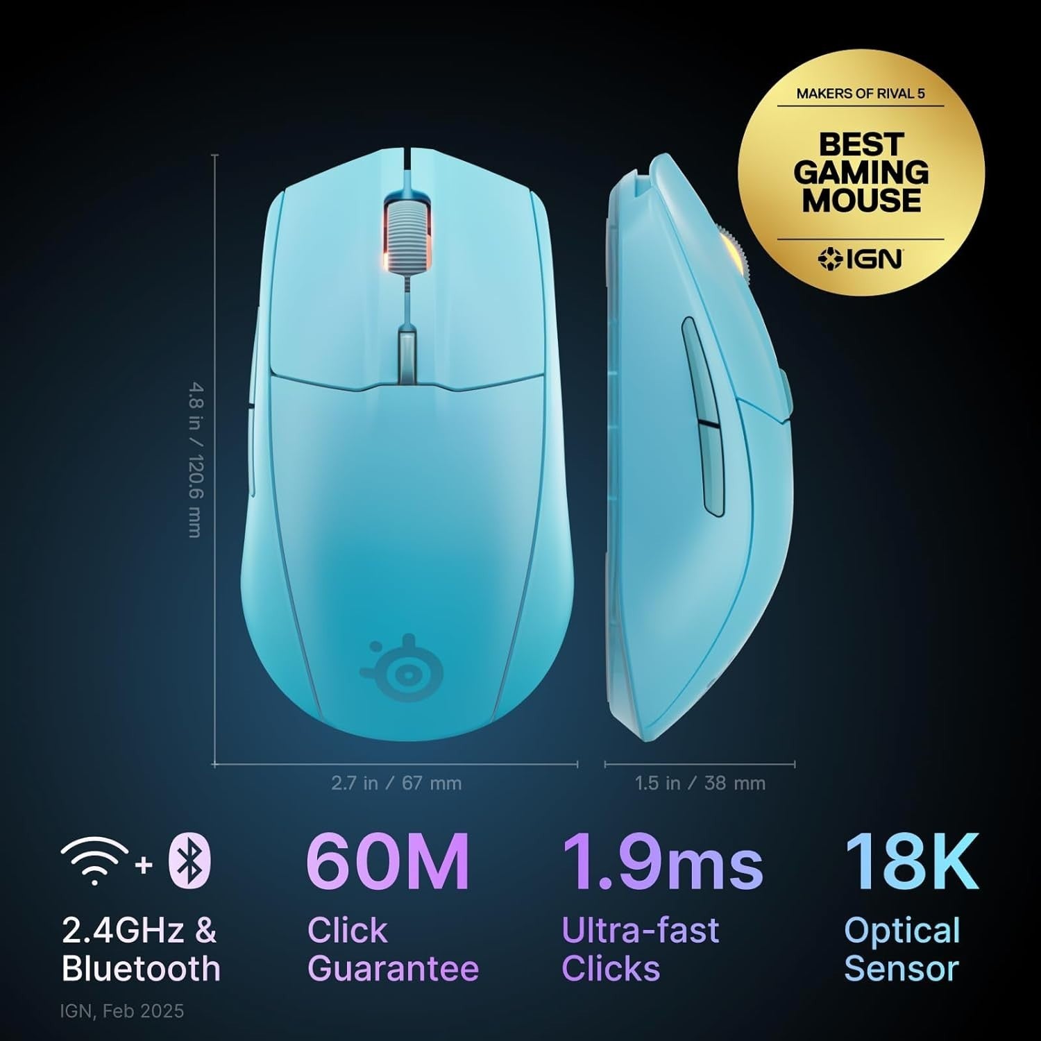 Wireless Gaming Mouse 18000 DPI Bluetooth 2.4GHz 60M Click Aqua
